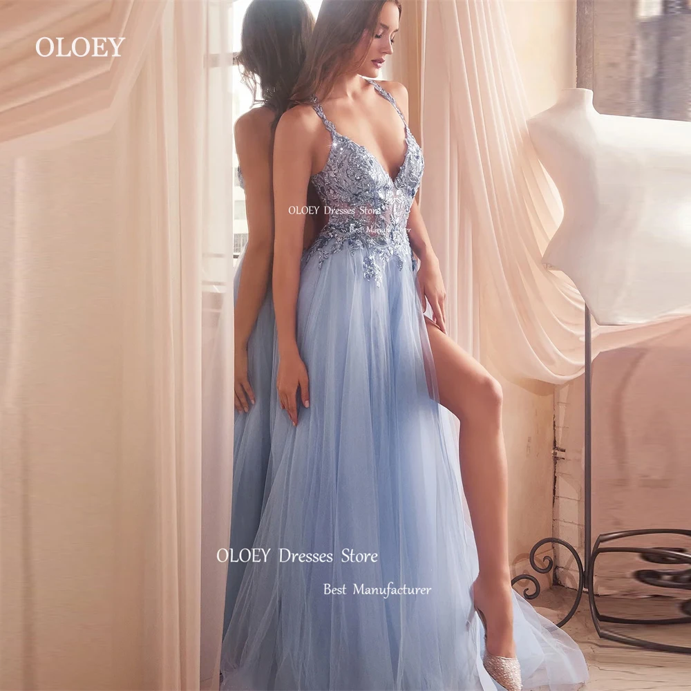 

OLOEY Elegant Blue Tulle Long Prom Dresses Spaghetti Straps Split Evening Gowns Formal Occasion Dress Party Gowns Vestidos