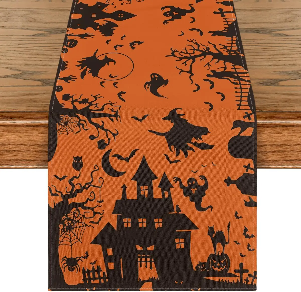 Halloween Black Orange Spooky Haunted House Tree Ghost Witch Linen Table Runner Home Decor Washable Kitchen Dining Table Runners