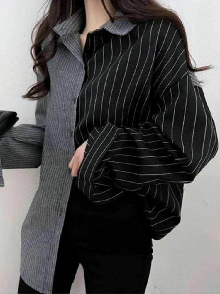 Vertical Striped Shirts Women Baggy S-3XL Irregular Korean Fashion Preppy Harajuku Lady Camisas Long Sleeve Spring Temper Teens