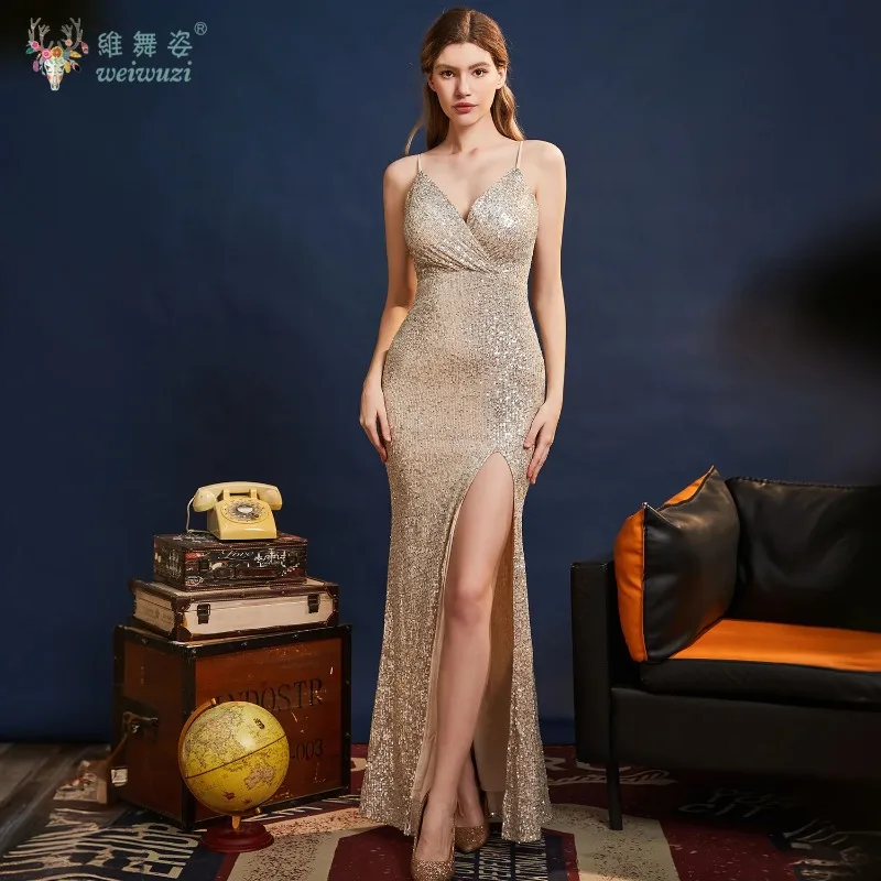 

Sparkly Sequined Spaghetti Strap Evening Dresses Women Sexy Slit Mermaid Dress Bodycon Burgundy Green Christmas Dress for Xmas