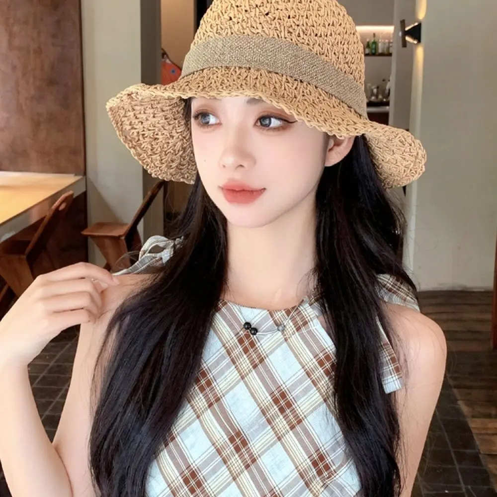 Summer Straw Hat Women Foldable Bowknot Beach Sunshade Cap Vintage Style Breathable UV Protection Outdoor Holiday Travel Hat
