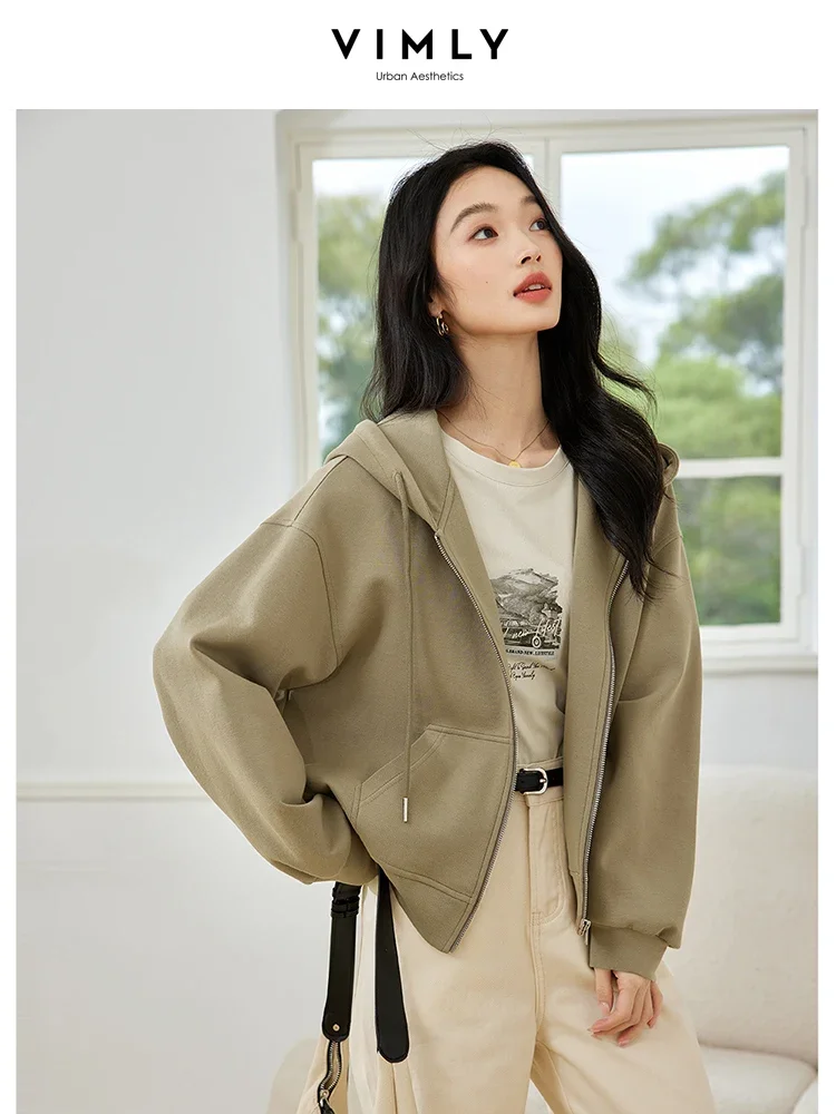 VIMLY Women's Zip-up Hoodies Long Sleeve Jacket Casual Hooded Sweatshirts Simple Coat Casual Loose Office Lady Outerwears M8315