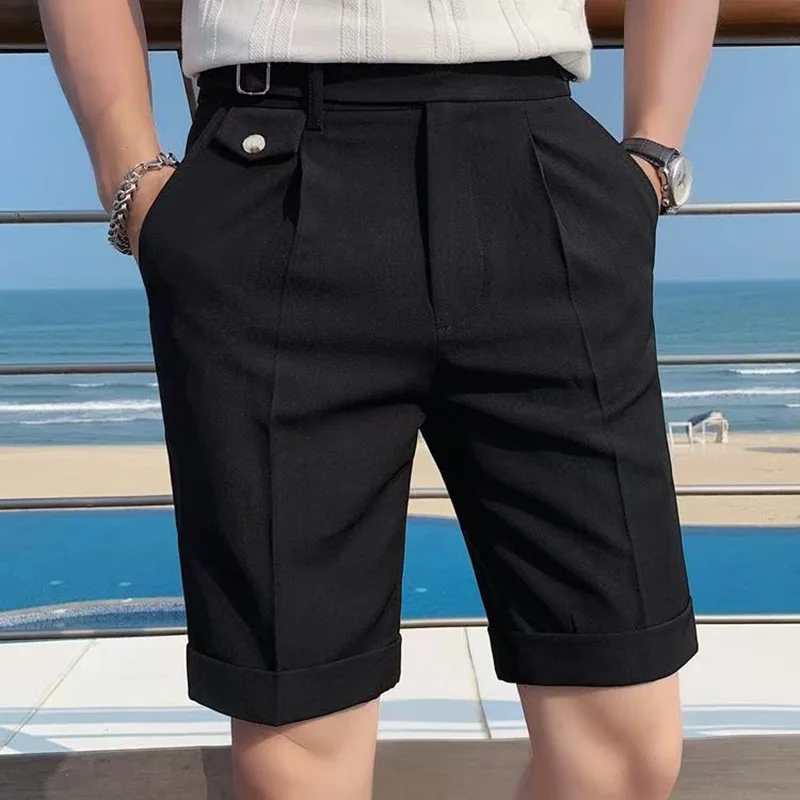 Summer Fashion Men British Style Naples Suit Shorts Smart Casual Paris Waist Buckle Button Knee Length Pants Shorts Streetwear