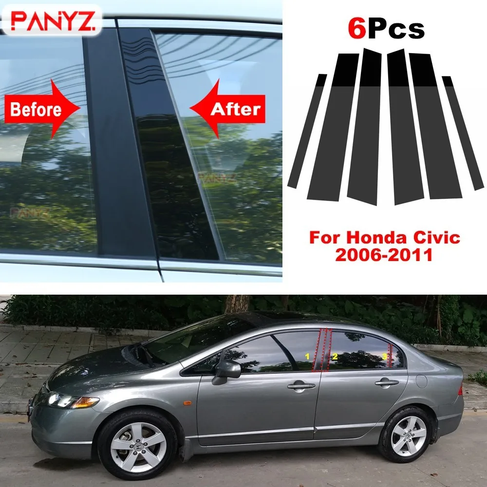 6PCS Fit For Honda Civic Sedan 2006 2007 2008 2009 2010 2011 Mirror Effect Window Pillar Posts Cover Trim Car Accessories