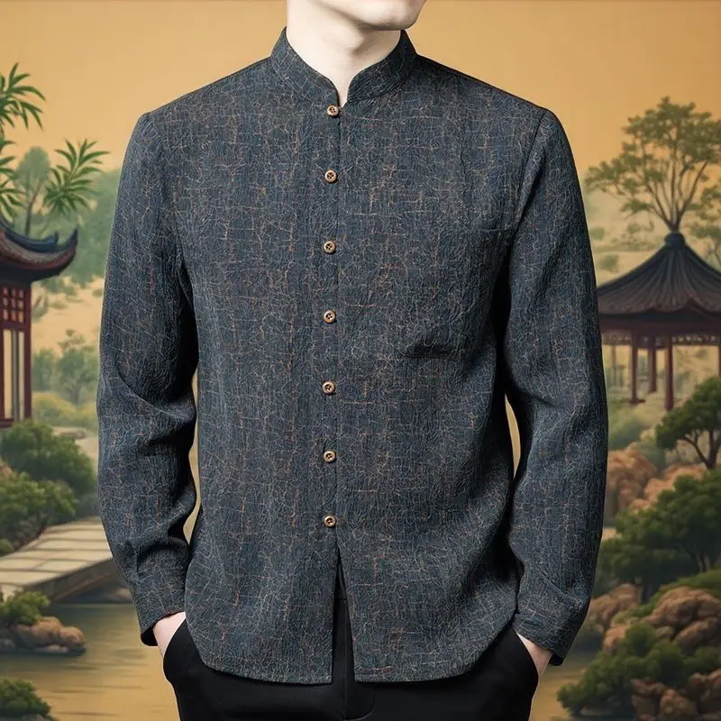 New 2025 Men's Long Sleeve Silk Shirt Xiangyun Silk  Silk Stand Collar Chinese Style Spring Autumn True Silk Tang Cos...