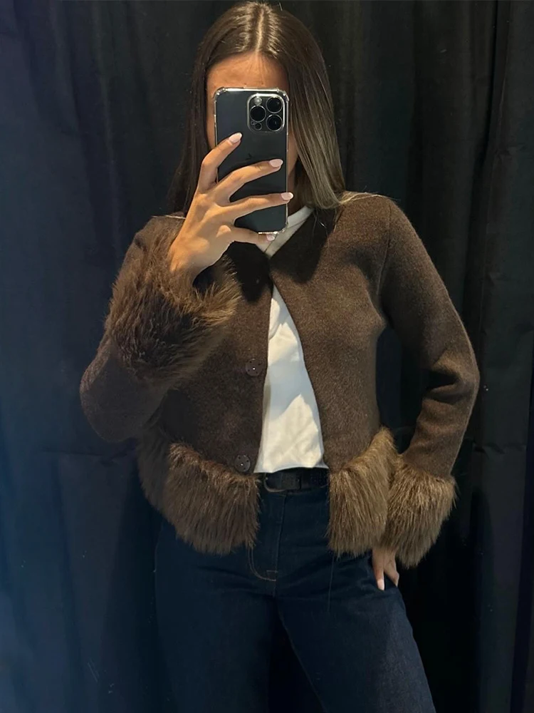 

HH Женская новая мода однотонного теплого искусственного меха с эффектом сращивания ​ ​ Вязаный комплект: куртка с длинными рукавами + трикотажное платье с круглым вырезом и короткими рукавами