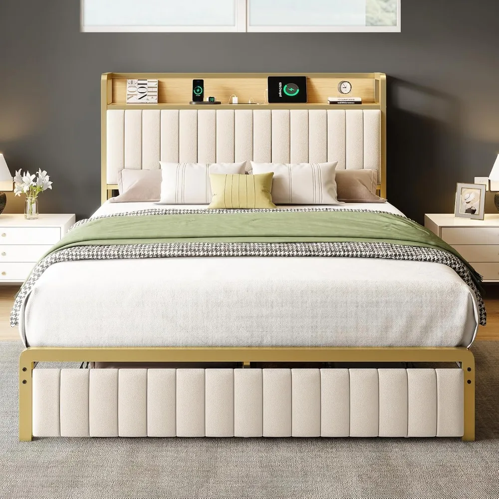 Queen Size Bed Frame with Motion Activated Light, LED Platform Bed with Integrated Drawer and Storage Headboard, Gold & Cream