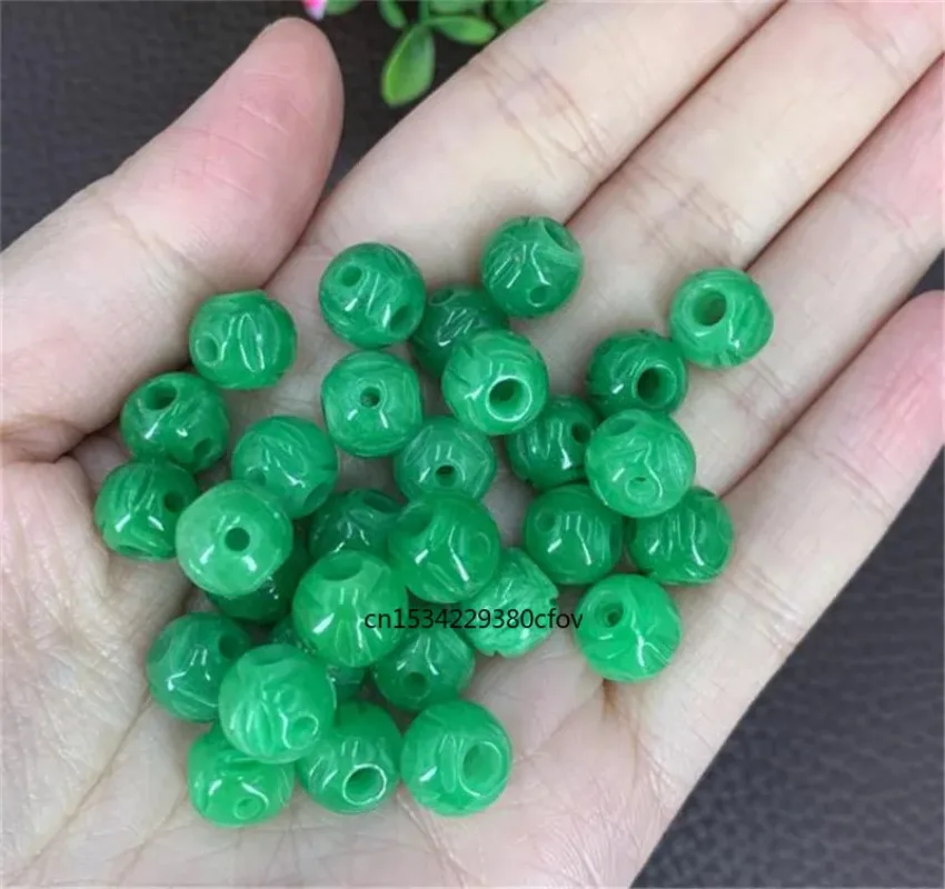 10pc Natural A Green Jade 8-10mm Hollow gold beads DIY Bracelet Bangle Charm Jadeite Jewellery Fashion Amulet Gifts Women Men