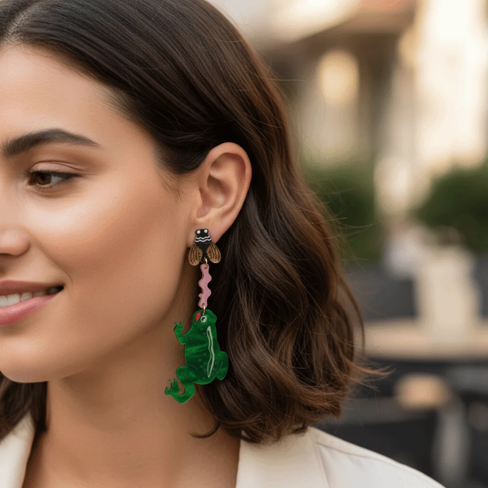 Personality Eating Flies Frog Acrylic Earrings Mosquitoes Insect Form Frog Acrylic Earrings Exaggerated Interesting