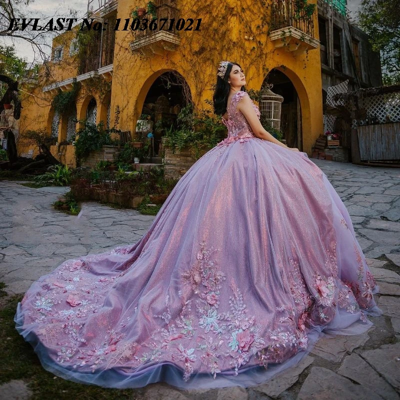 EVLAST Customized Purple Quinceanera Dress Ball Gown 3D Floral Applique Beading Corset Sweet 16 Vestidos De XV 15 Anos SQ116