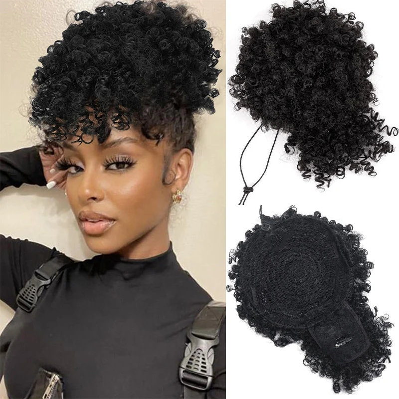 Afro Puff Kinky Curly Hair Updo Ponytail Extension with Bangs Drawstring Ponytail for Women Black, Synthetic Hair Ponytail