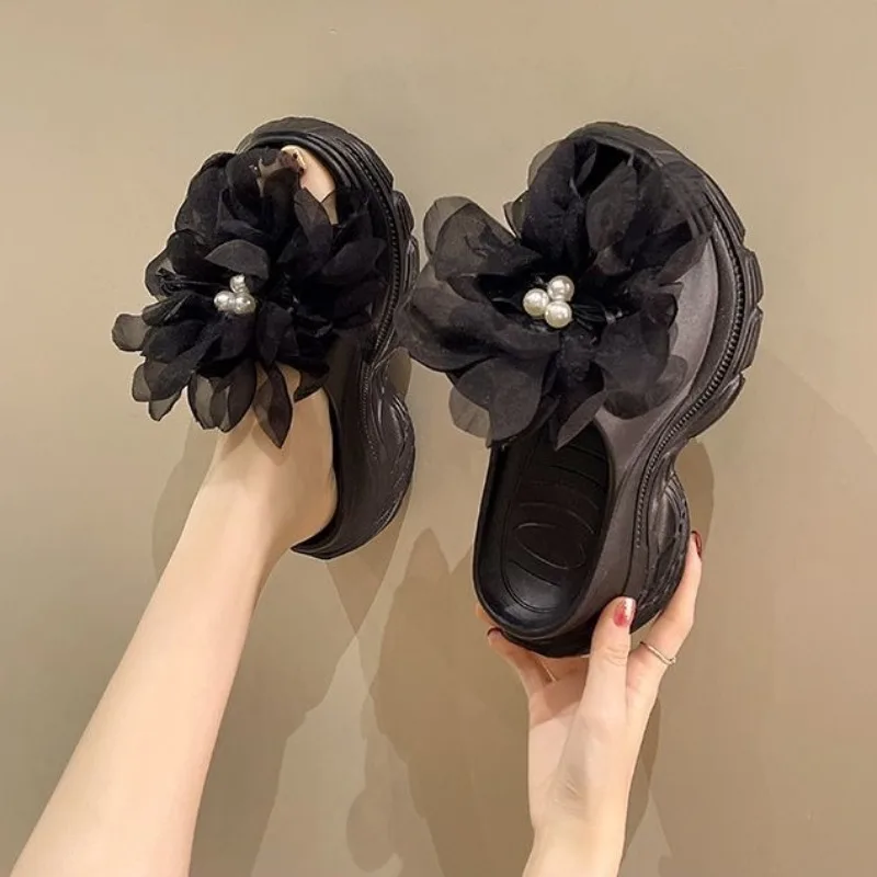 2026 Spring Summer New Women's Romantic Large Floral Pattern Platform Elevated Flip Flops Outdoor Casual Fashion Footwear