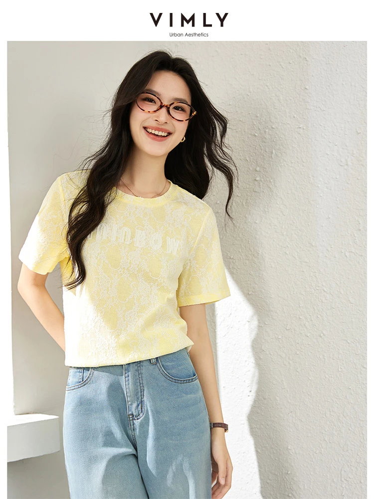 

VIMLY Yellow Knitted T-shirts Women 2025 Summer Casual Lace Letter Embroidered Short Sleeve Loose Round Neck Ladies Tops A1898