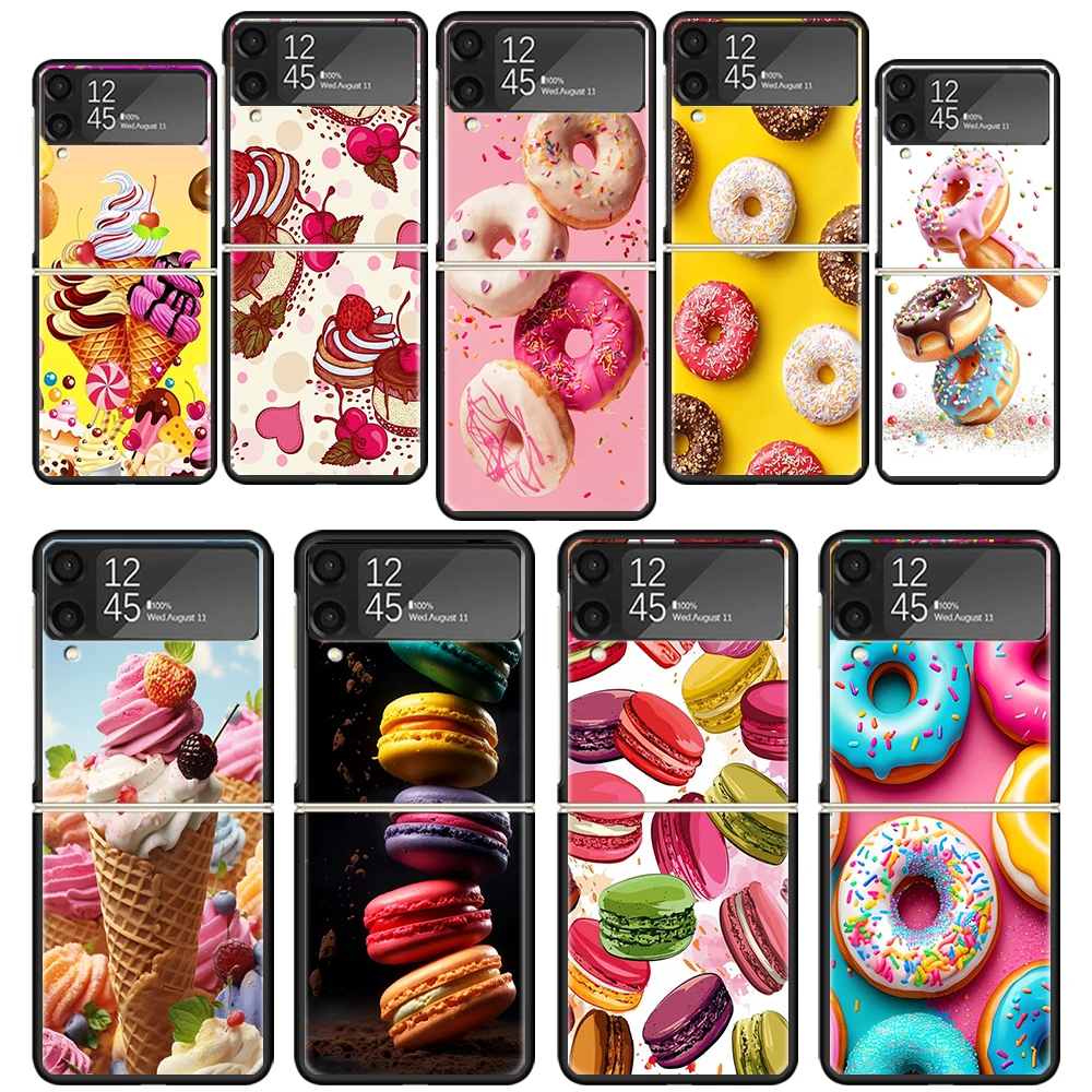 Coque de téléphone Macaron gâteau crème glacée beignet, étui rigide noir pour Samsung Galaxy Z Flip 6 5 4 3 5G ZFlip6 ZFlip5 ZFlip4 ZFlip3 Fun