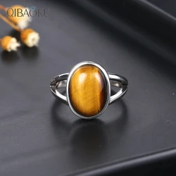 Simple Natural 10*14mm Tiger Eye Ring Silver Plated Jewelry Rings for Women Men Large Stone Vintage Jewelry Gift
