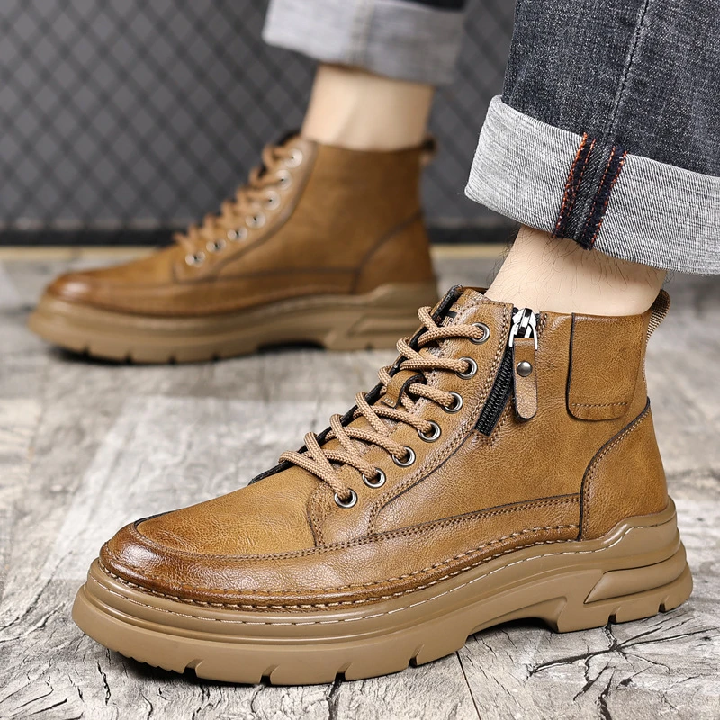 Mens Black Genuine Leather Platform Ankle Boots With Side Zipper Lace Up Chunky Sole Comfortable Non Slip Plus Velvet Cotton