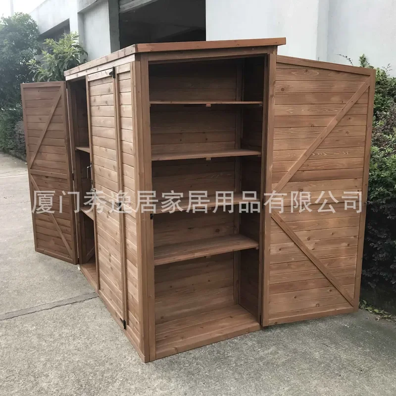Outdoor Solid Wood Tool Cabinet Garden Tool Locker Balcony Three Door Storage Cabinet