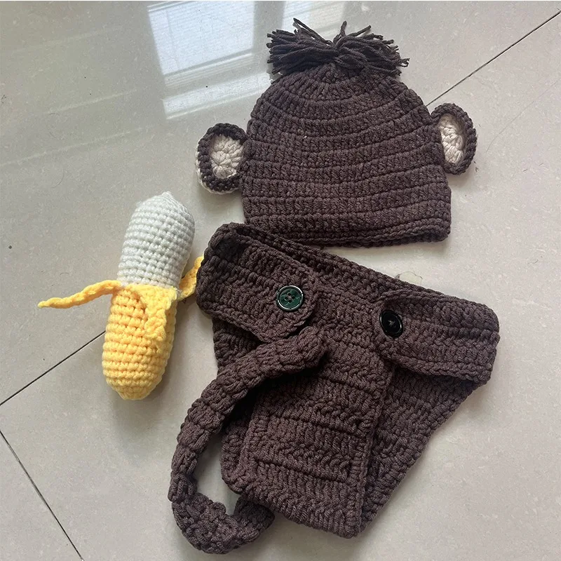 

Halloween Festivals Photography Clothing Crochet Knitted Monkey Hat Diaper Cover Pants Banana Set Newborn Photoshoot Outfits