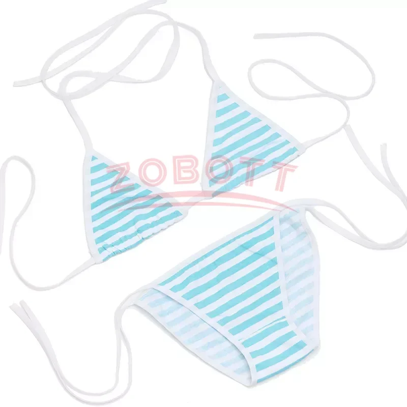 Anime Miku Kawaii Mini Bikini Cosplay Blue White Striped Micro Bikini 2019 Swimming Suit for Women Tie Side Swimsuit Set