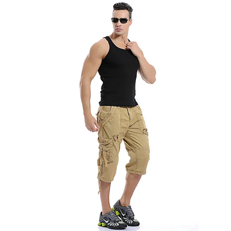 Summer Pure Cotton Men\'s Cropped Trousers Oversized Casual Shorts Multi Pocket Tooling Capri Pants Men Cargo Pants AF5820