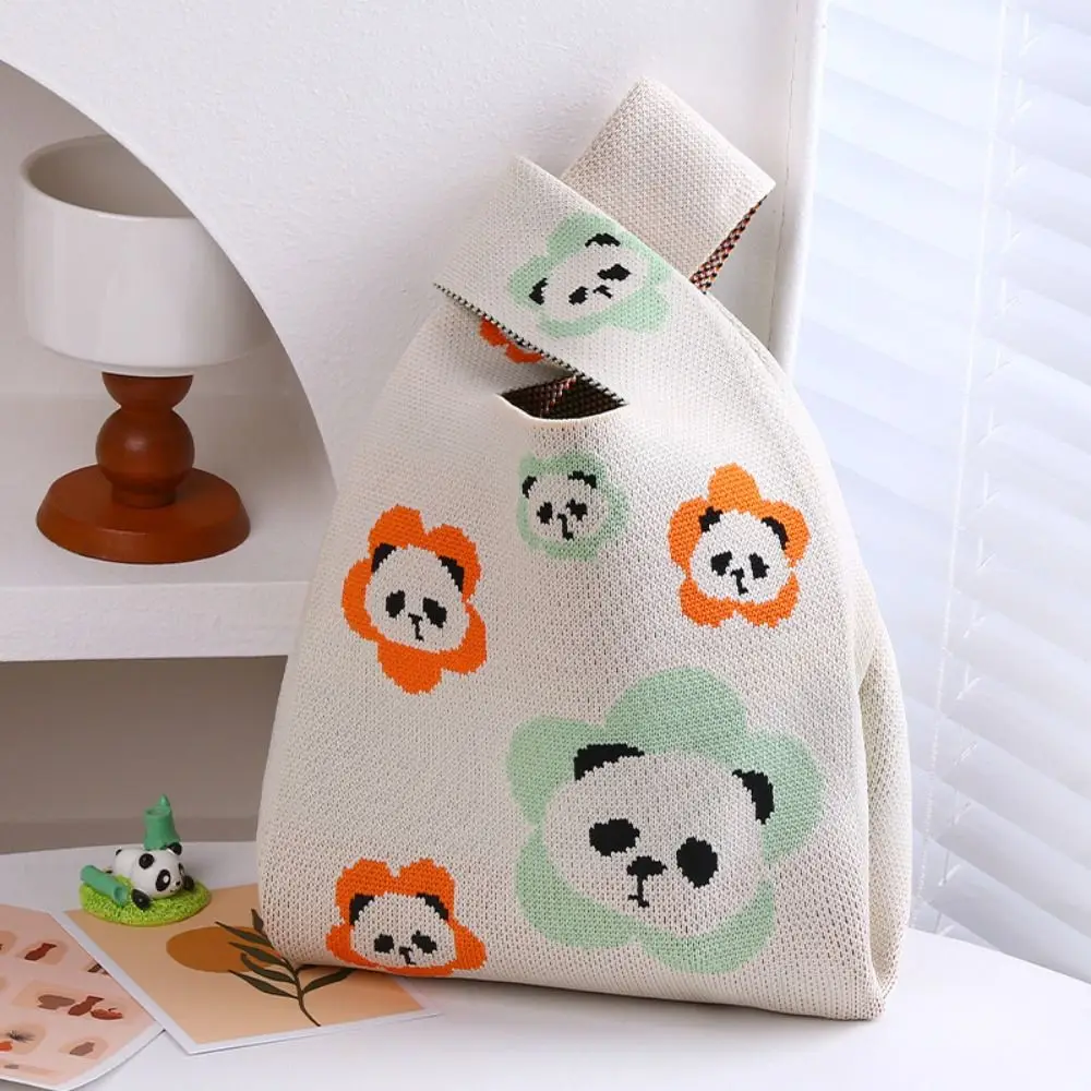 Panda Knitted Handbag Women's Cartoon Panda Handbag Coin Purse Large Capacity Panda Knitted Bags Cute Wrist Bag Reusable