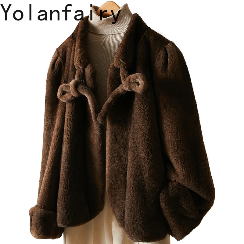 

YOLANFAIRY High-end Short Natural Fur Coat Woman Winter Long Sleeve Whole Mink Fur Coats Real Fur Jacket Lace-up Outwears 2025