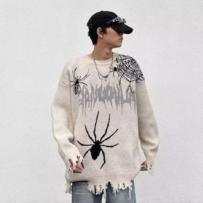 

Roer Loose Fit Spider Print Distred Sweater Men's American Sle Polyester Fiber Casual Long Sve round Ne Top