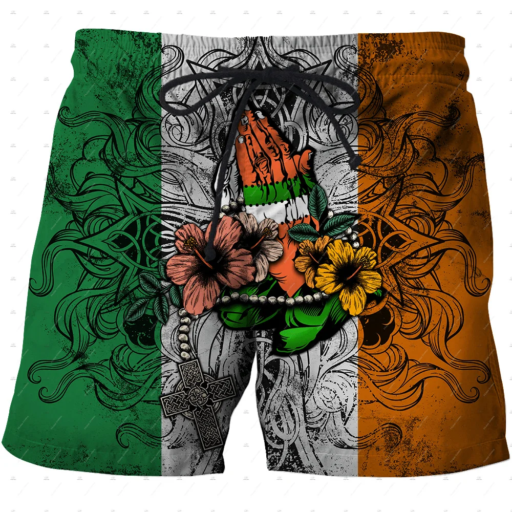 Custom Name Irish Ireland Country Flag St.Patrick Tattoo Vintage 3DPrint Summer Harajuku Streetwear Casual Beach Shorts Pants X1