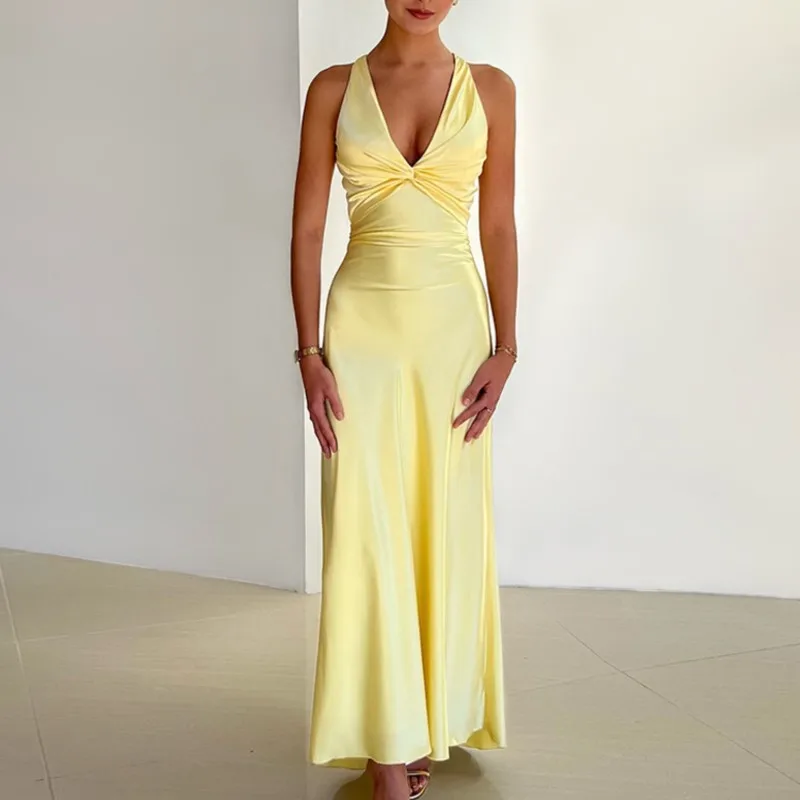 2025 verano flaco elegante fiesta Clubwear satén Sexy espalda descubierta fruncido mujeres Maxi vestido amarillo sin mangas vestido de cintura alta