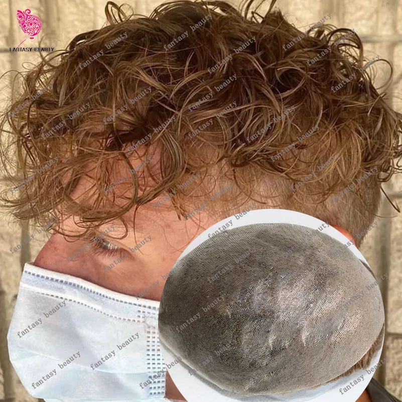 

80% Density 28mm Loose Curly 0.02mm Invisible Thin Skin Natural Hairline Men's Toupee Human Hair Wig Capillary Prosthesis System