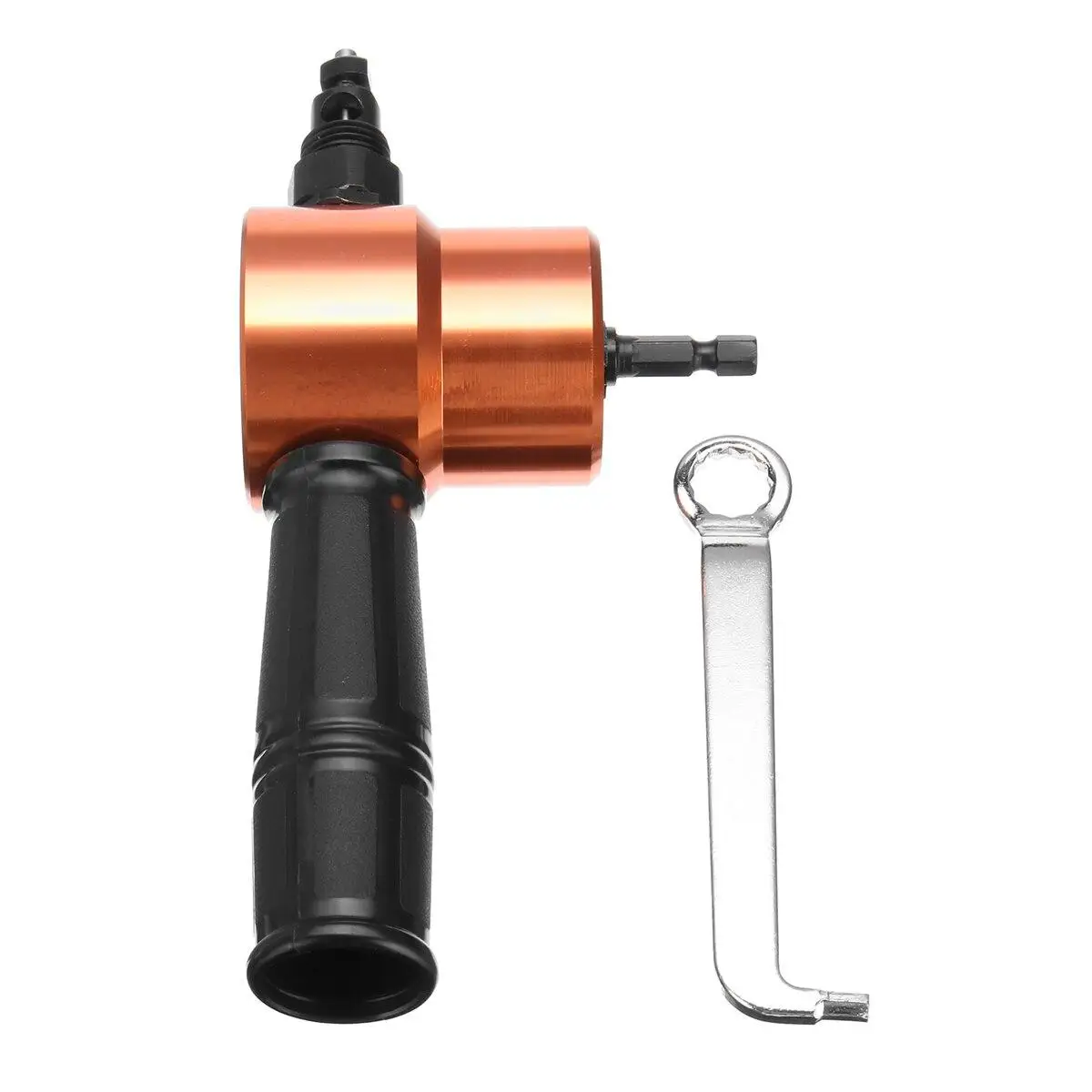 1 Stück 360 Grad verstellbarer Bohrmaschinen-Nibbler mit Doppelkopf, Blechschneider, Bohraufsatz, Silber-Orange – Detail 7
