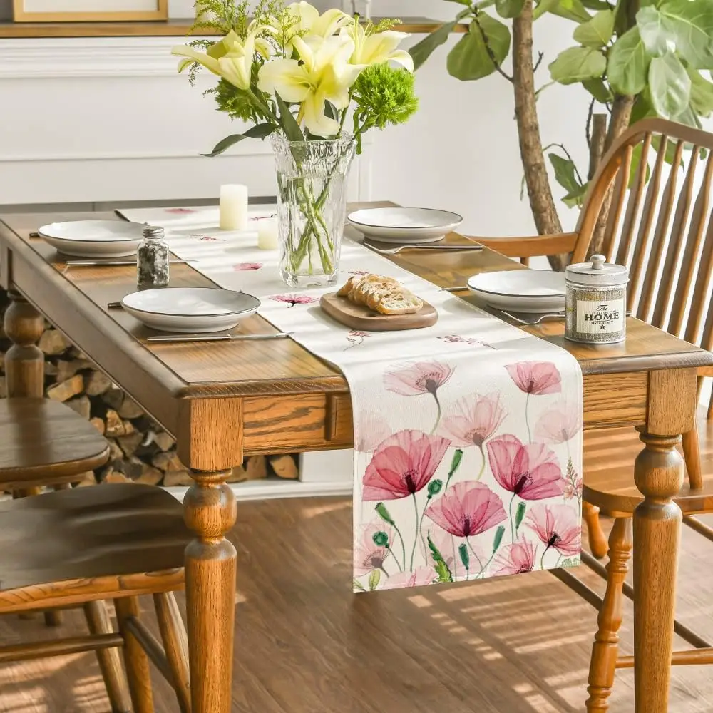 Corn Poppy Leaves Summer Linen Table Runner Seasonal Spring Dresser Scarf Table Decor Kitchen Wedding Party Dining Table Runner