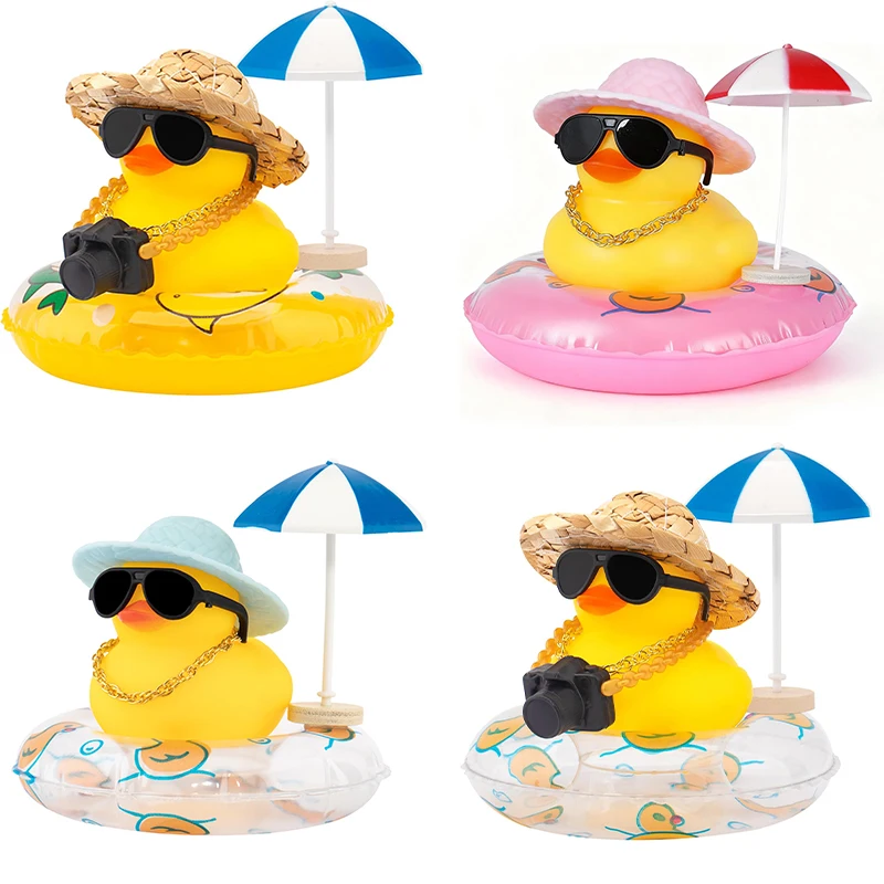 Rubber Duck Car Ornaments Duck Car Dashboard Decorations for Cute Car Accessories with Straw Hat Necklace Sun Umbrella