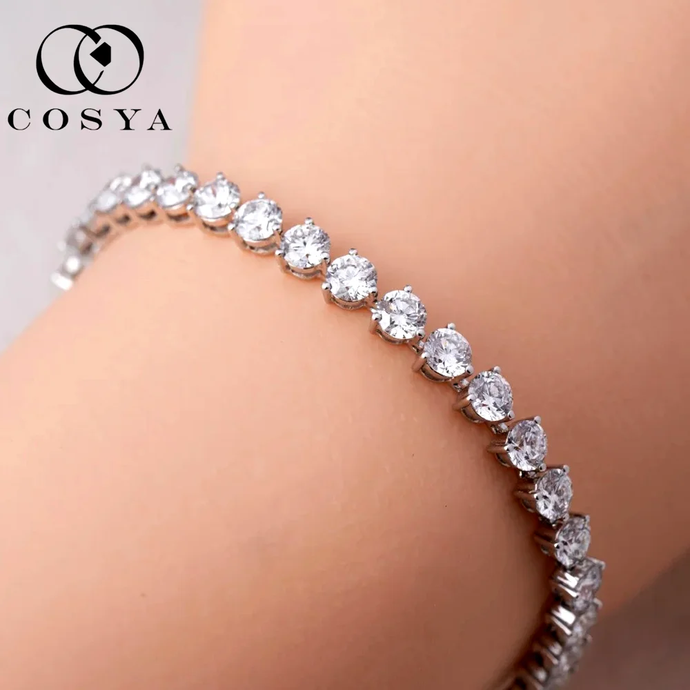 

COSYA 3mm Real Moissanite Tennis Bracelets 100% S925 Silver GRA Certified 3Claws Lab Diamond Spring Buckle Chain Women Jewelry