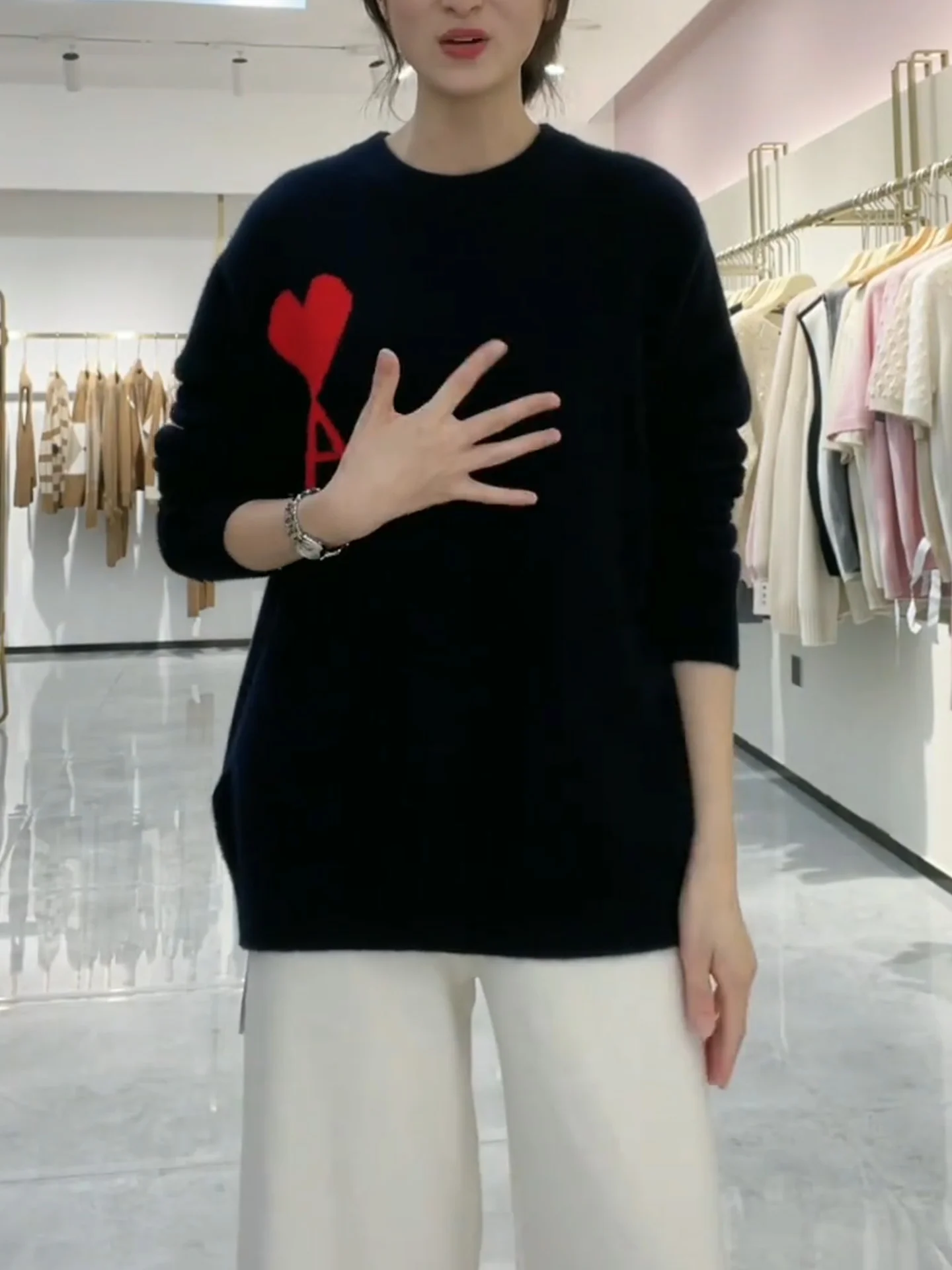 

Casual Bla Heart Pattern round Ne Long Sve Large Size Women's Loose Versatile Knitted Top 2025 New Sle Sweater