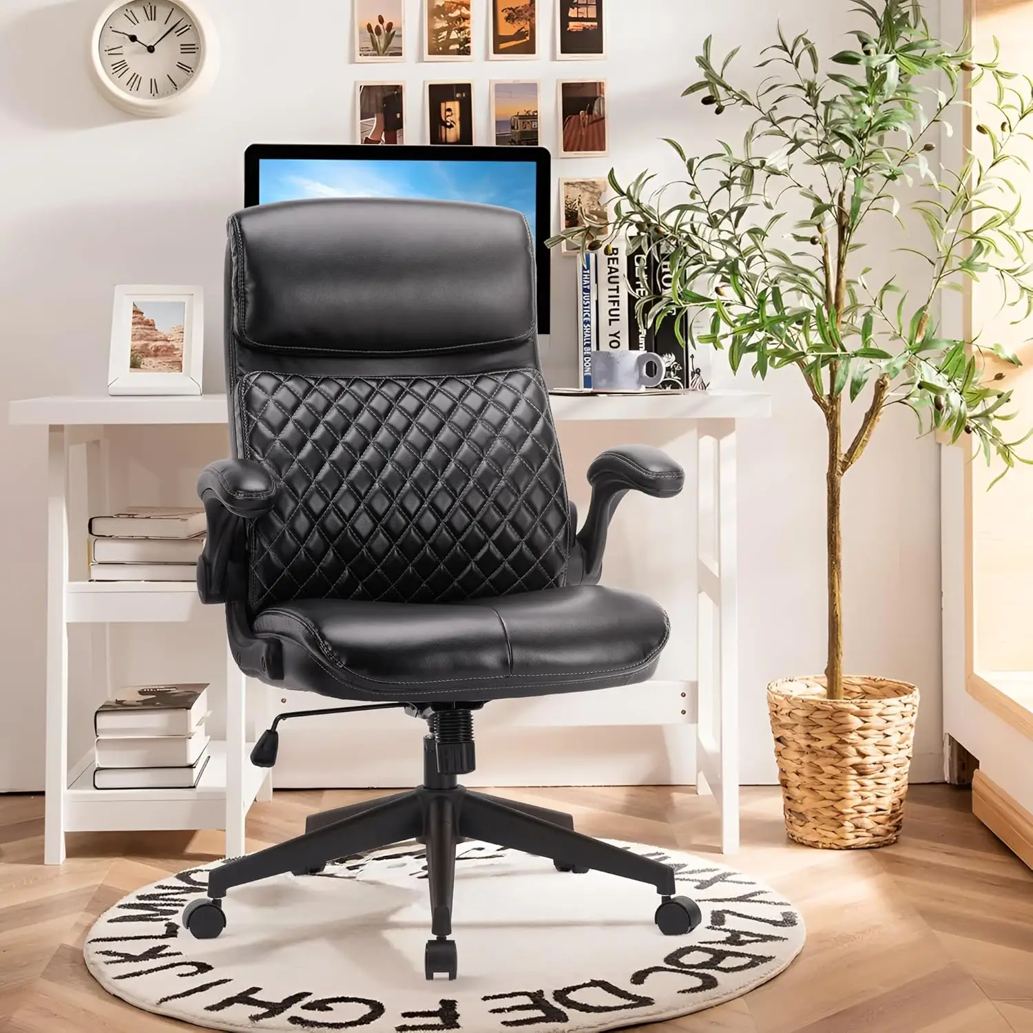 COLAMY Home Office Chair 275LBS Executive Leather Office Chair with Padded Flip-up Arms, Adjustable Height and Tilt Lock, Black