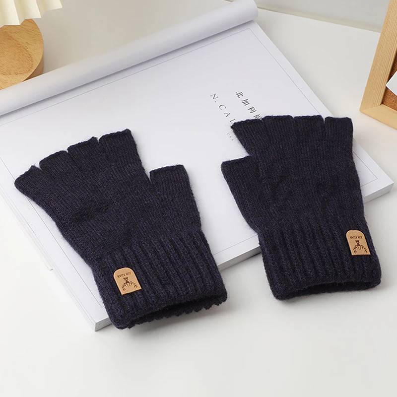 Winter Gloves For Men Half Finger Writting Office Cycling Knitted Gloves Students Alpaca Wool Warm Thick Elastic Driving Gloves