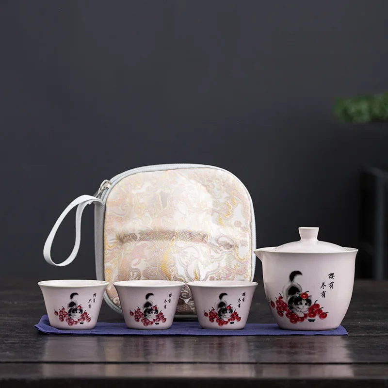 Ceramics Kung Fu Tea Set Travel Outdoor Tea Set One Pot and Three Cups Complete Set of Business Gifts