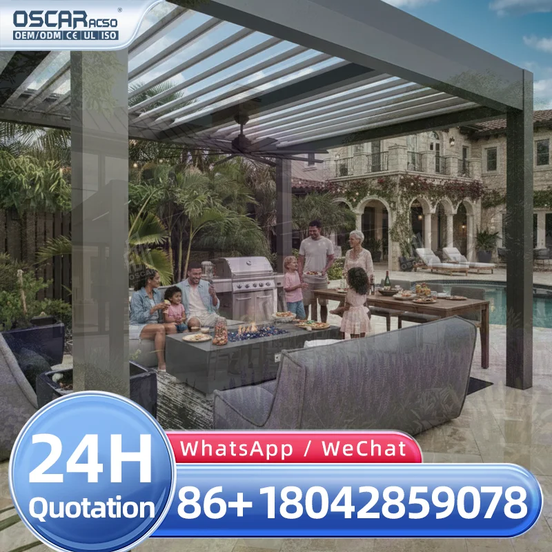 Motorized Grey Arbour Louvre Gazebo Aluminum Pergola with LED Lights for Garden Patio Backyard pergola