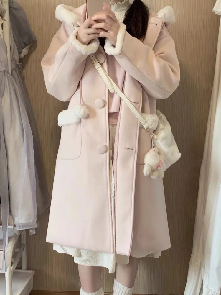 Japanese Kawaii Lolita Wool Coat Women Pink Sweet Pockets Cute Hooded Jackets Female Korean Casual Loose Coat Warm Winter 2024