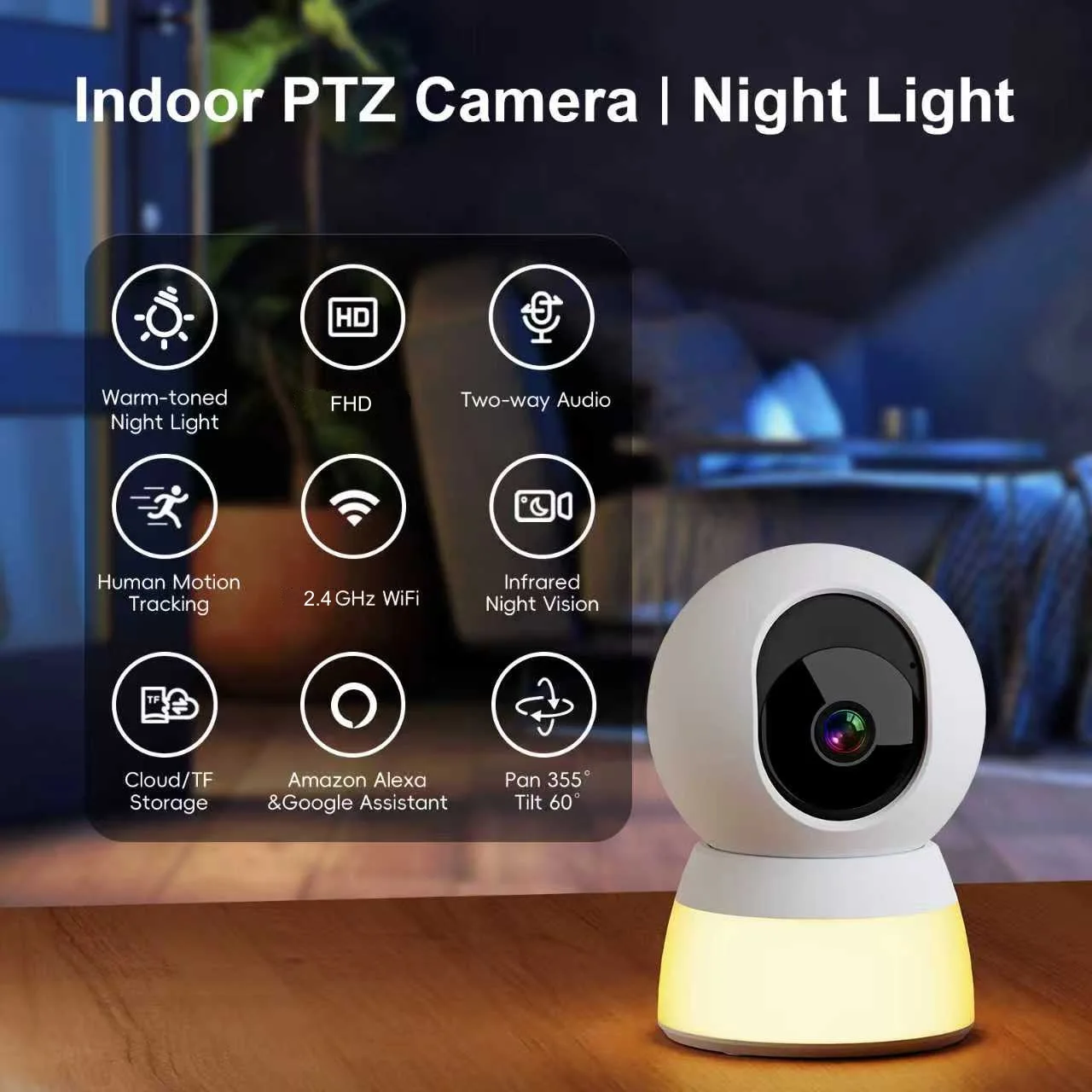 Smart Baby Monitor With Night Light, 1080P WiFi Secure Camera Wide Angel Video IP Camera with Pan Tilt Two Way Audio