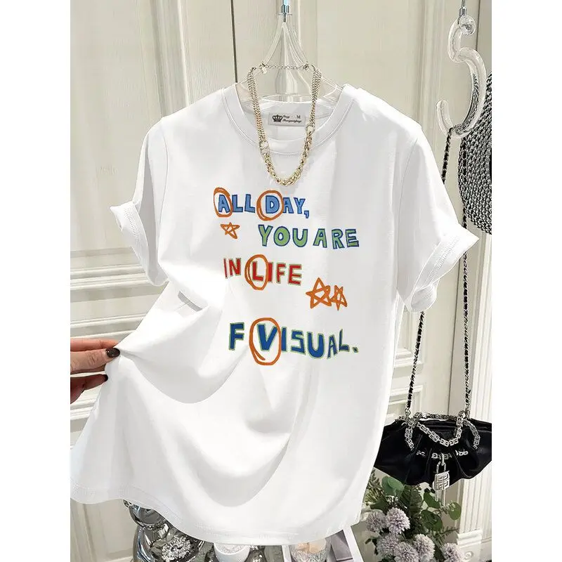 Summer Hong Kong Style Chic Color Letter Print T-shirt Women O-neck Short Sleeve 100 Cotton Basic Tees Casual Loose Top 45-105Kg