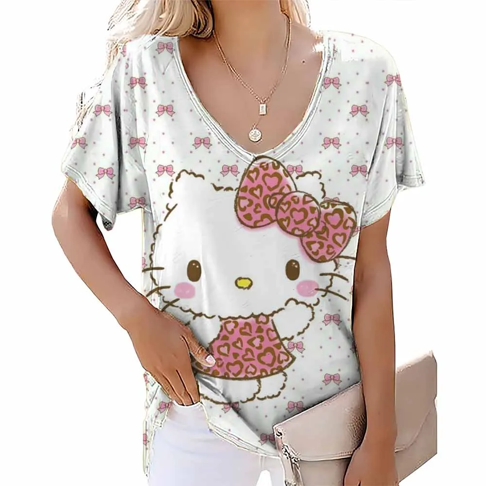 Fashion Women's T-shirt Hello Kitty V-neck Printed Women's Clothing Street Clothing Girls Fun T-shirt New Harajuku Top T-shirt