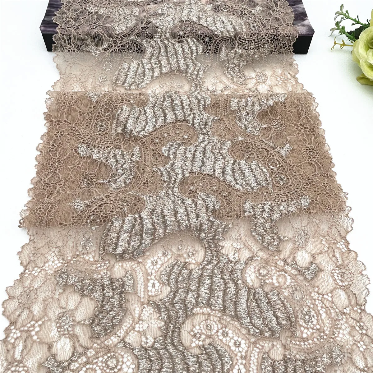 3y/lot Width 21cm Dark Apricot Silver Elastic Stretch Lace Trim Skirt Hem For Clothing Accessories Dress Sewing Applique Costume