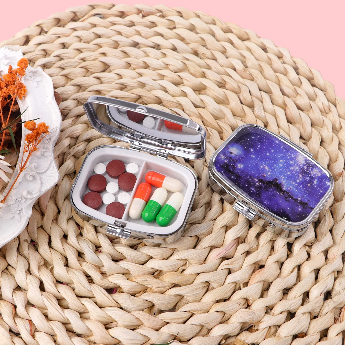 Stained Glass Butterfly Pill Box Portable Metal Pill Case with Mirror Starry Sky Design for Travel Purse Medicine Storage Gifts view 4