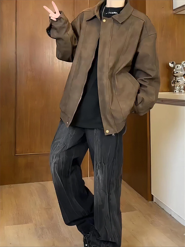 

Men's ort PU Leather Flight Jaet Cotton Coat Winter Brown Thiened American Baseball Sle Loose Fit Breathable Zipper C...