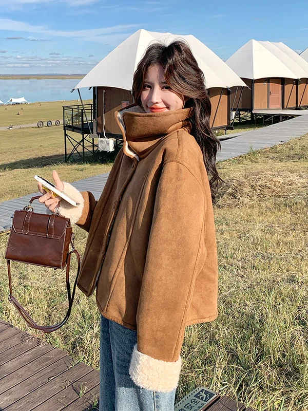 Lamb Fur ort Coat Women's Double-Sided Wear Leather And Fur Inteated Warm Top Casual Loose Fit Long Sve Button Closure