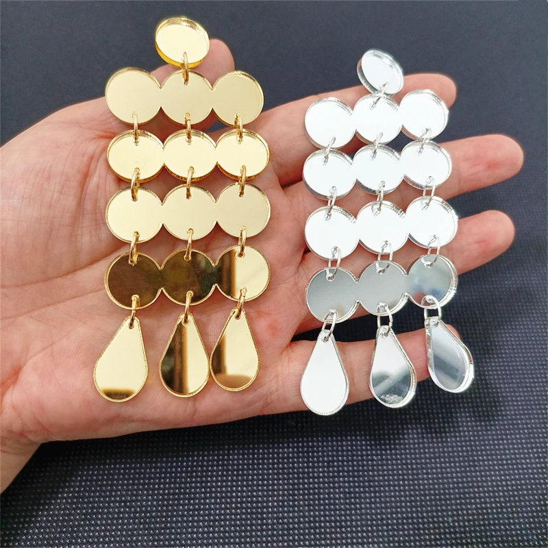 KUGUYS Dots Big Mirror Drop Earrings for Women Geometric Silver Gold Color Trendy Acrylic Jewelry Accessories