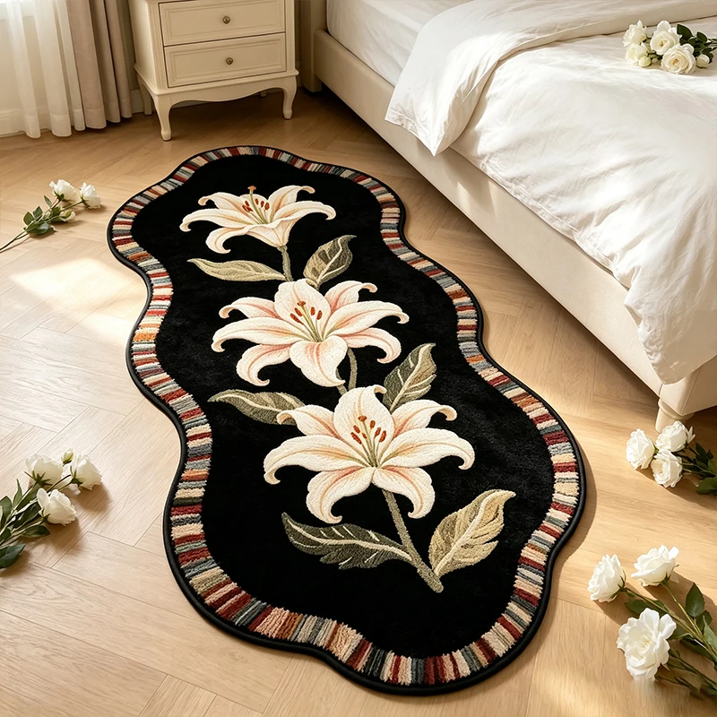 Bedroom Carpet Soft Comfortable Faux Cashmere Rug Anti-slip Machine Washable Long Bedside Floor Mat Flowers Home Decor Carpets