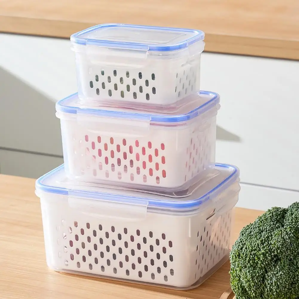 3PCS Airtight Food Storage Containers with Removable Drain Basket Stackable Crisper Box Meal Prep Containers Crisp Food Keeper